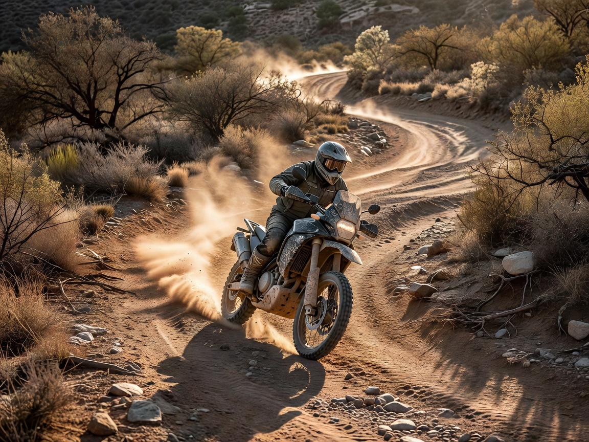 Adventure motorcycle being ridden on a dirt trail