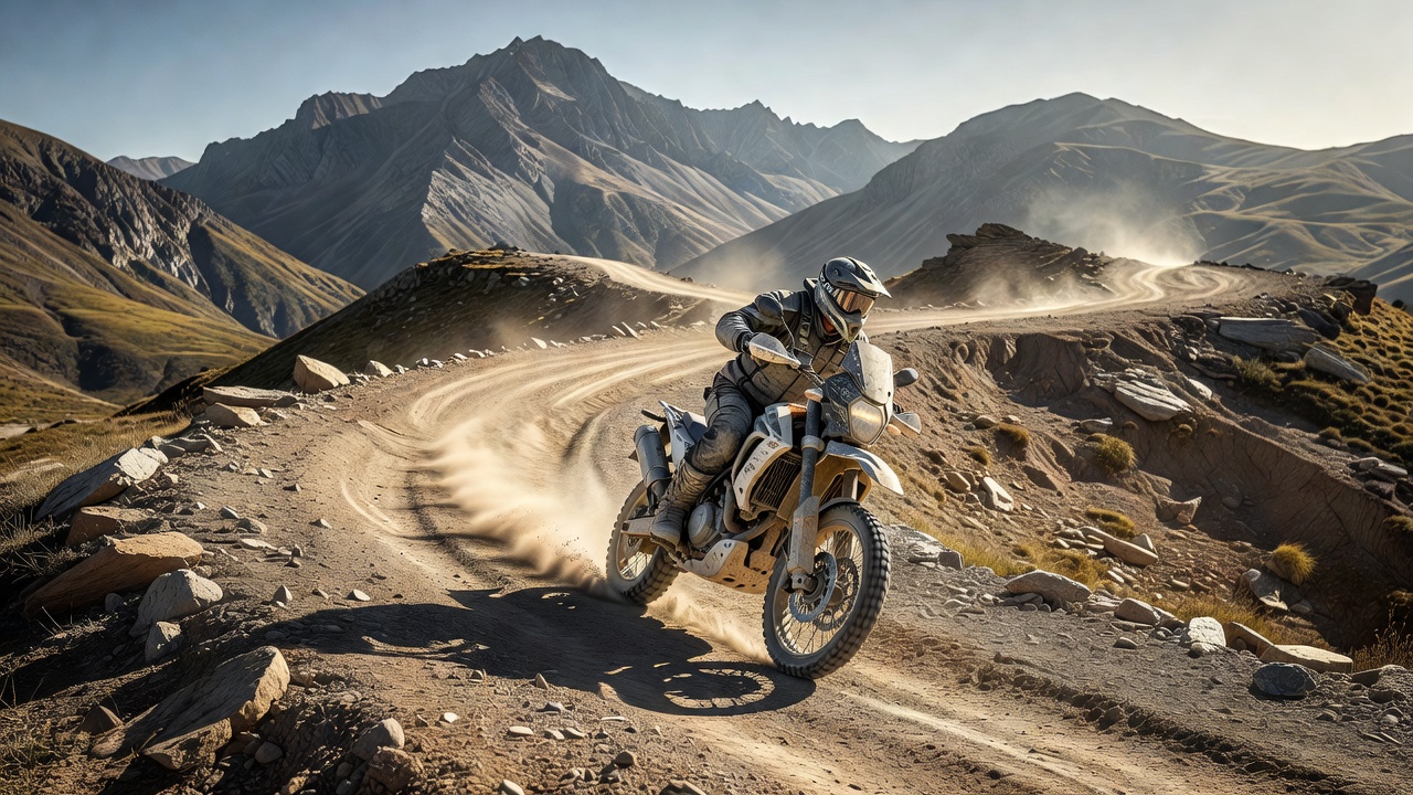 Adventure motorcycle being ridden on a rugged dirt trail with mountains in the background