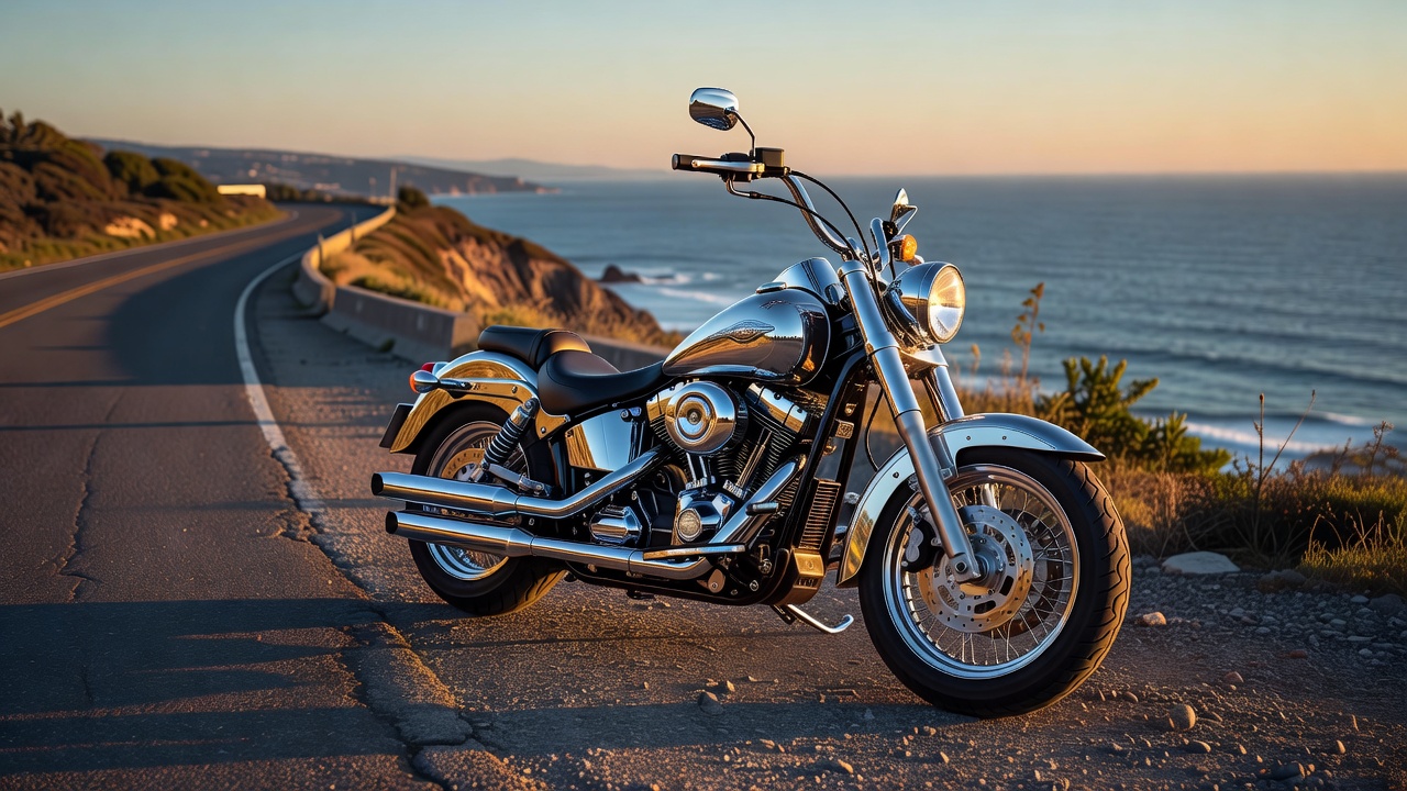 Cruiser motorcycle with chrome details parked on a scenic road