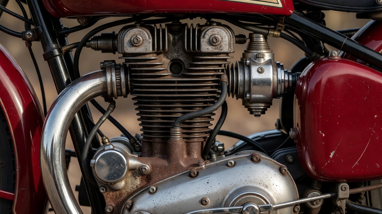 Detailed close-up of a classic vintage motorcycle engine and tank