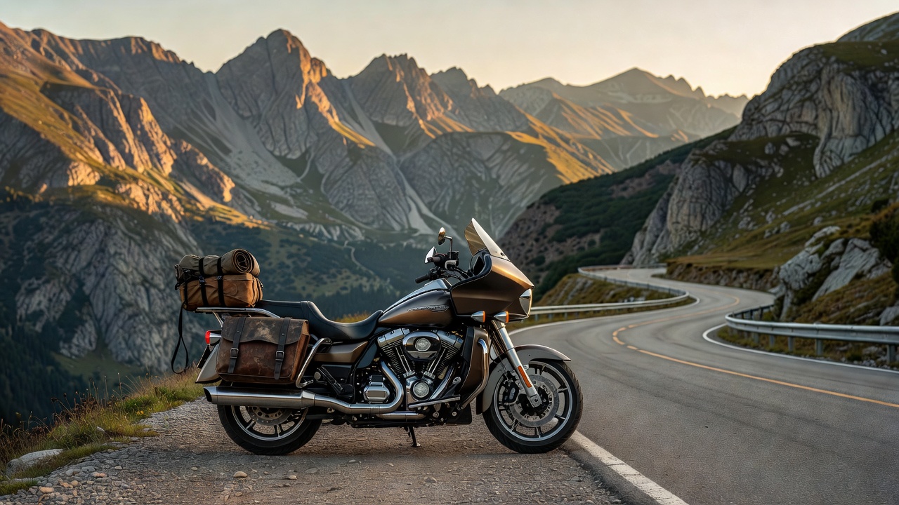 Detailed view of a touring motorcycle parked near a mountain road