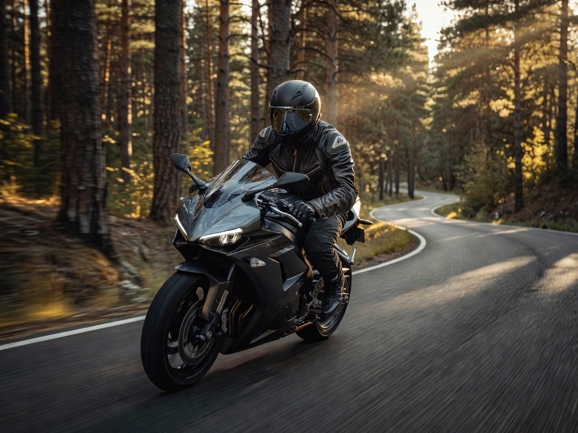 Motorcycle rider wearing protective helmet and jacket