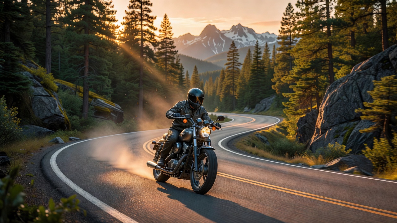 Motorcyclist riding on a scenic road in a natural environment