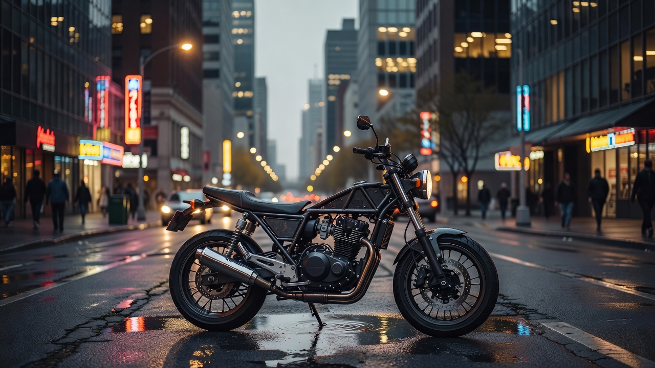 Naked street motorcycle parked in a city environment