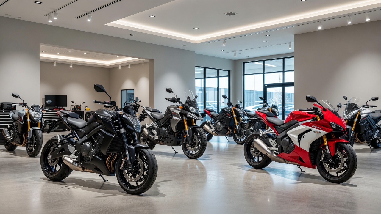 Professional motorcycle dealership showroom interior