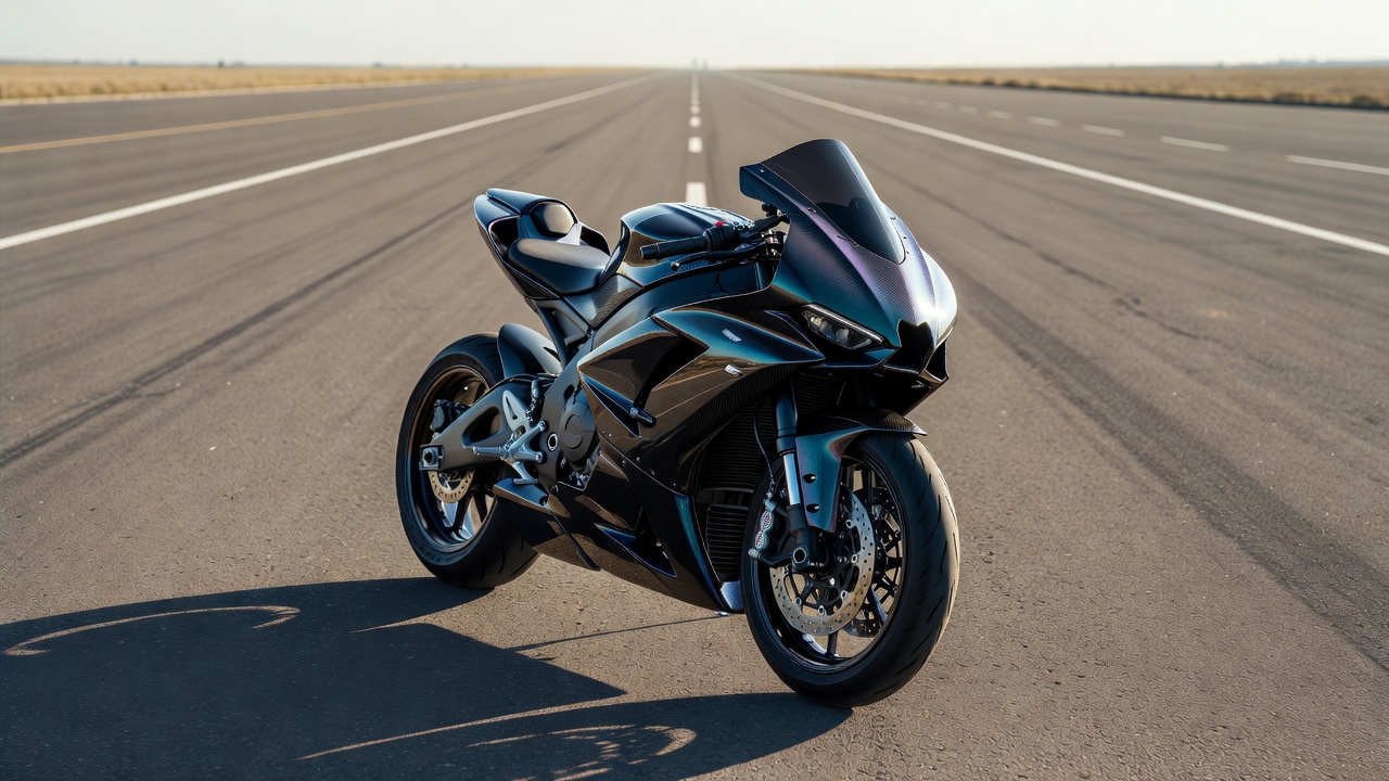 Sport motorcycle on an empty road showcasing aerodynamic fairings
