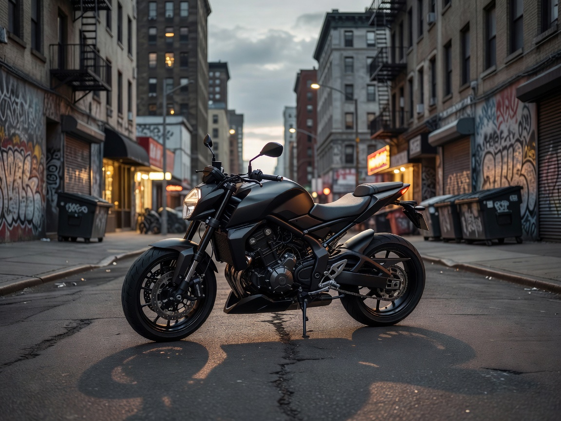 Street naked motorcycle parked in an urban environment