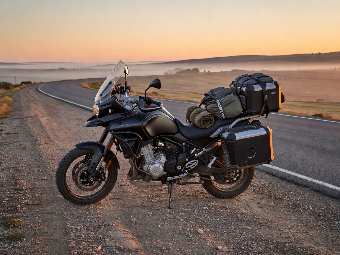 Touring motorcycle parked outdoors ready for a long journey